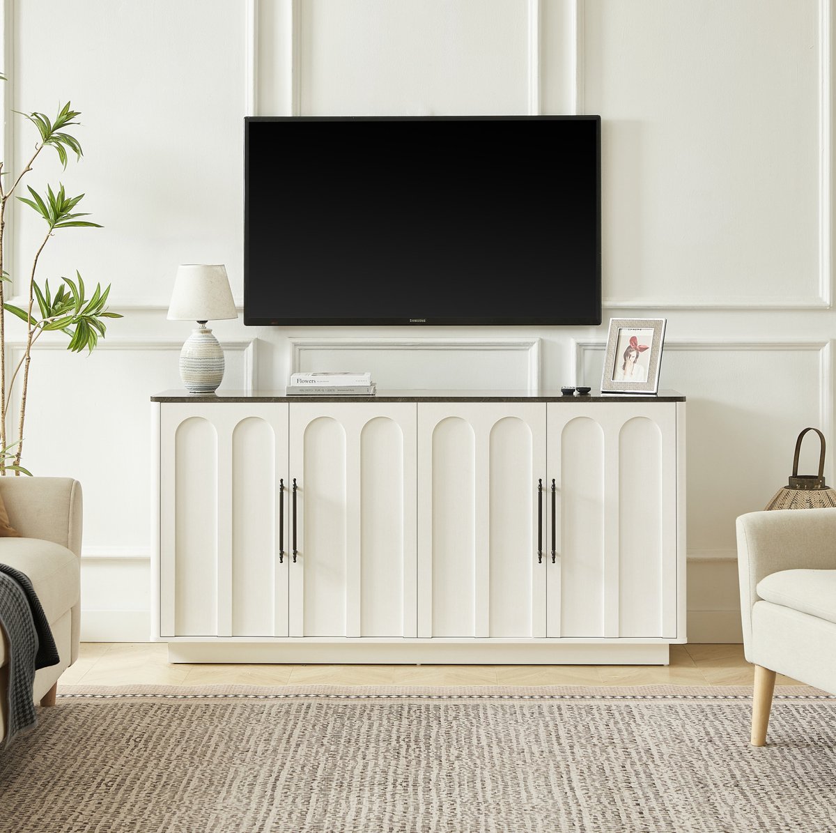 WUVRIE Dressoir 160x40x80 cm - 4 deuren met soft-close en wandbevestiging - Wit/zwart Wit en zwart
