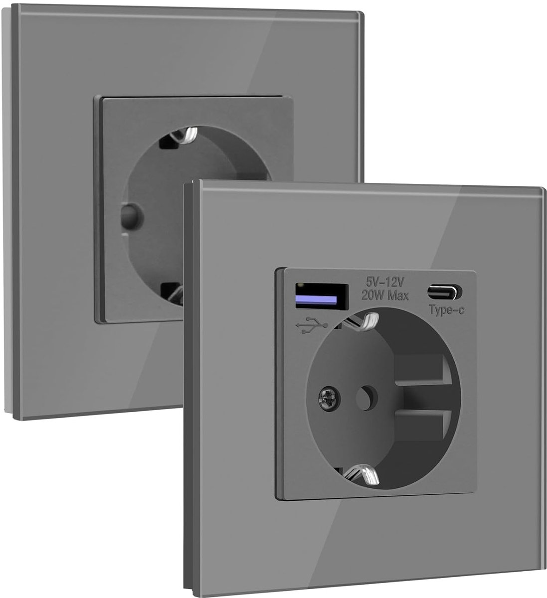 BSEED Schuko Socket 1 x Socket with USB C 20 W + 1 x Normal Socket, Flush-Mounted Socket with Glass Panel, 16 A EU - ShopVlot
