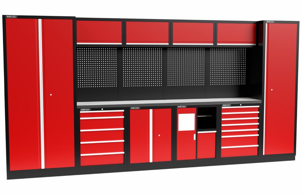 Kraftmeister werkplaatsinrichting - Werkbank met 4 wandkasten, 2 werkplaatskasten en RVS werkblad - Werktafel met 9 laden, 1 opbergkast, 1 prullenbak en gereedschapswand - Complete set voor werkplaats of garage - Rood
