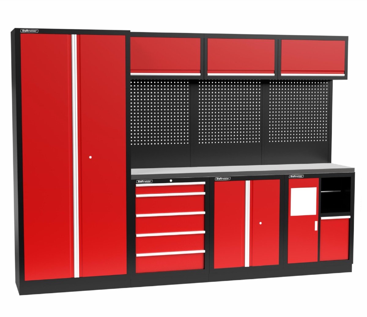 Kraftmeister werkplaatsinrichting - Werkbank met 3 wandkasten, 1 werkplaatskast, 1 opbergkast, 1 prullenbak en RVS werkblad - Werktafel met 5 laden en gereedschapswand - Complete set voor werkplaats of garage - Rood