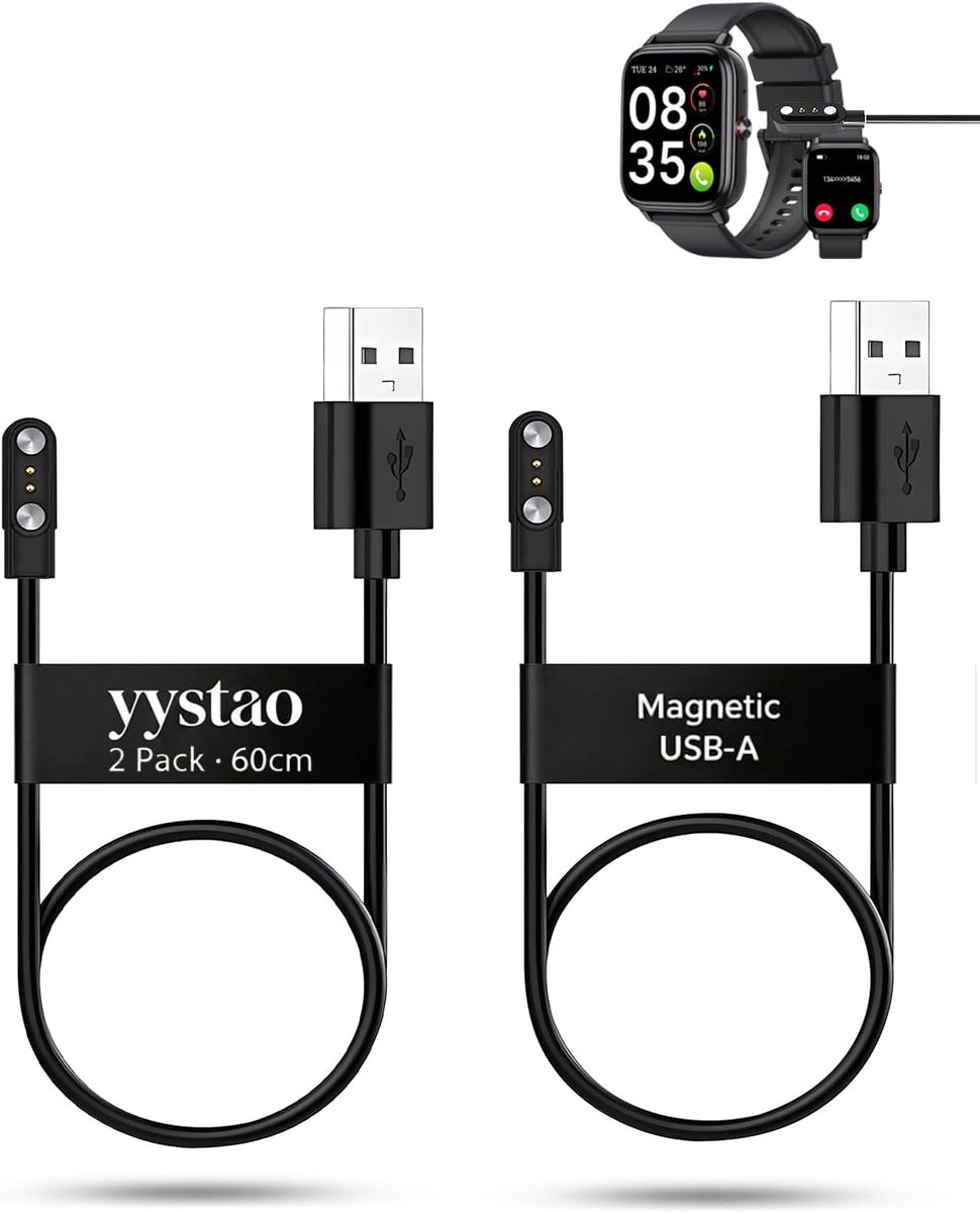 2 stuks oplaadkabels voor Tiksounds P150 smartwatch 1,83 inch, stabiele magnetische USB-A vervangende oplaadkabel - ShopVlot