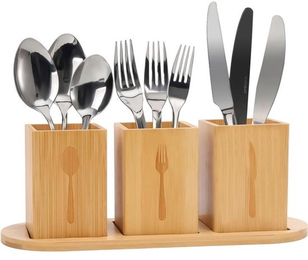 3-delige besteklade van hout - bestekhouder en organisator voor keuken en eettafel - bestekstandaard met afvoer