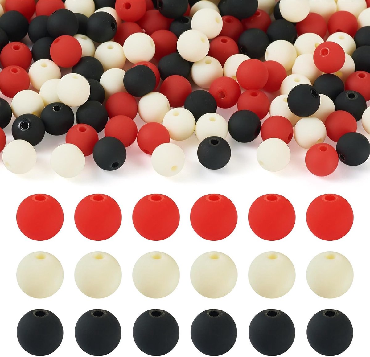 191Pcs 8mm Acrylic Round Beads 3 Colors Rubber Style Imitated Silicone Round Beads Red White Black Plastic Spacer - ShopVlot