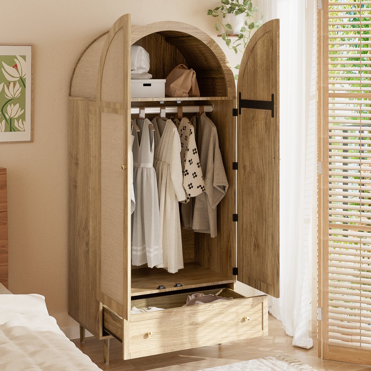 WUVRIE Kledingkast 79x50x175 cm - Met hanggedeelte, planken en lades - Eiken