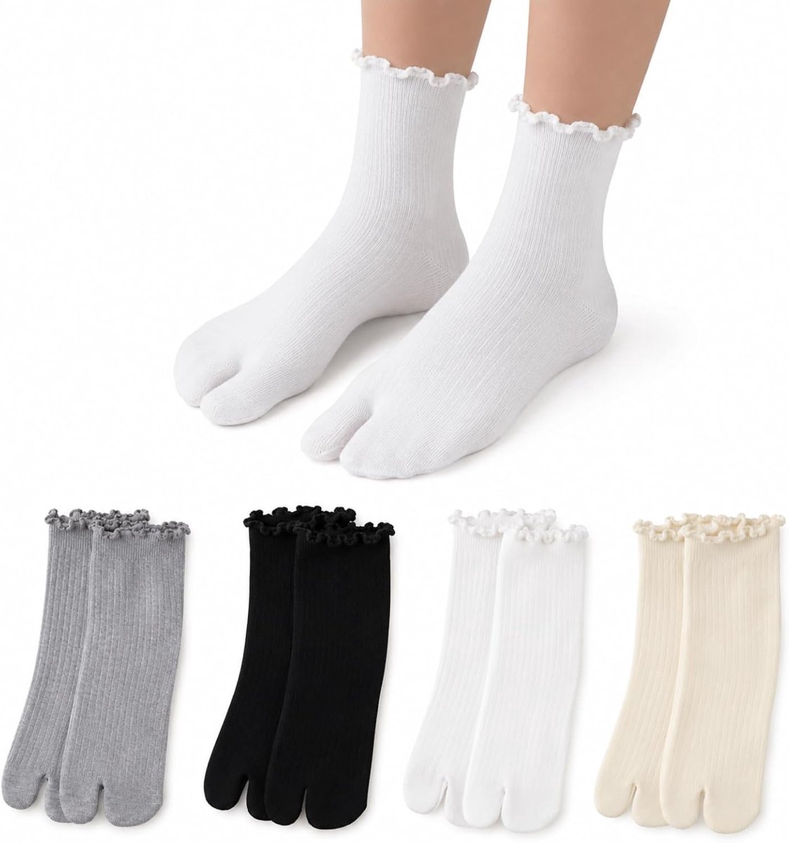 Sokken, maat 36-42 (zwart, wit, grijs, crèmewit) | Elastische teensokken voor dames en heren, comfortabel, ademend, ruches, Japanse teensokken