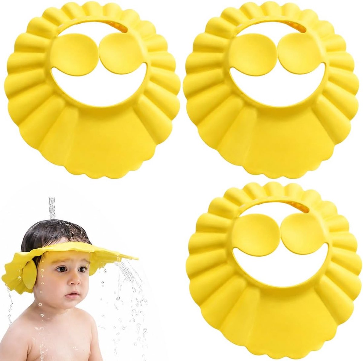 Set van 3 verstelbare douchemutsen met oorbescherming voor kinderen, geel, EVA-materiaal, om haar te wassen met kinderbescherming, geschikt voor hoofdomtrek 40-55 cm