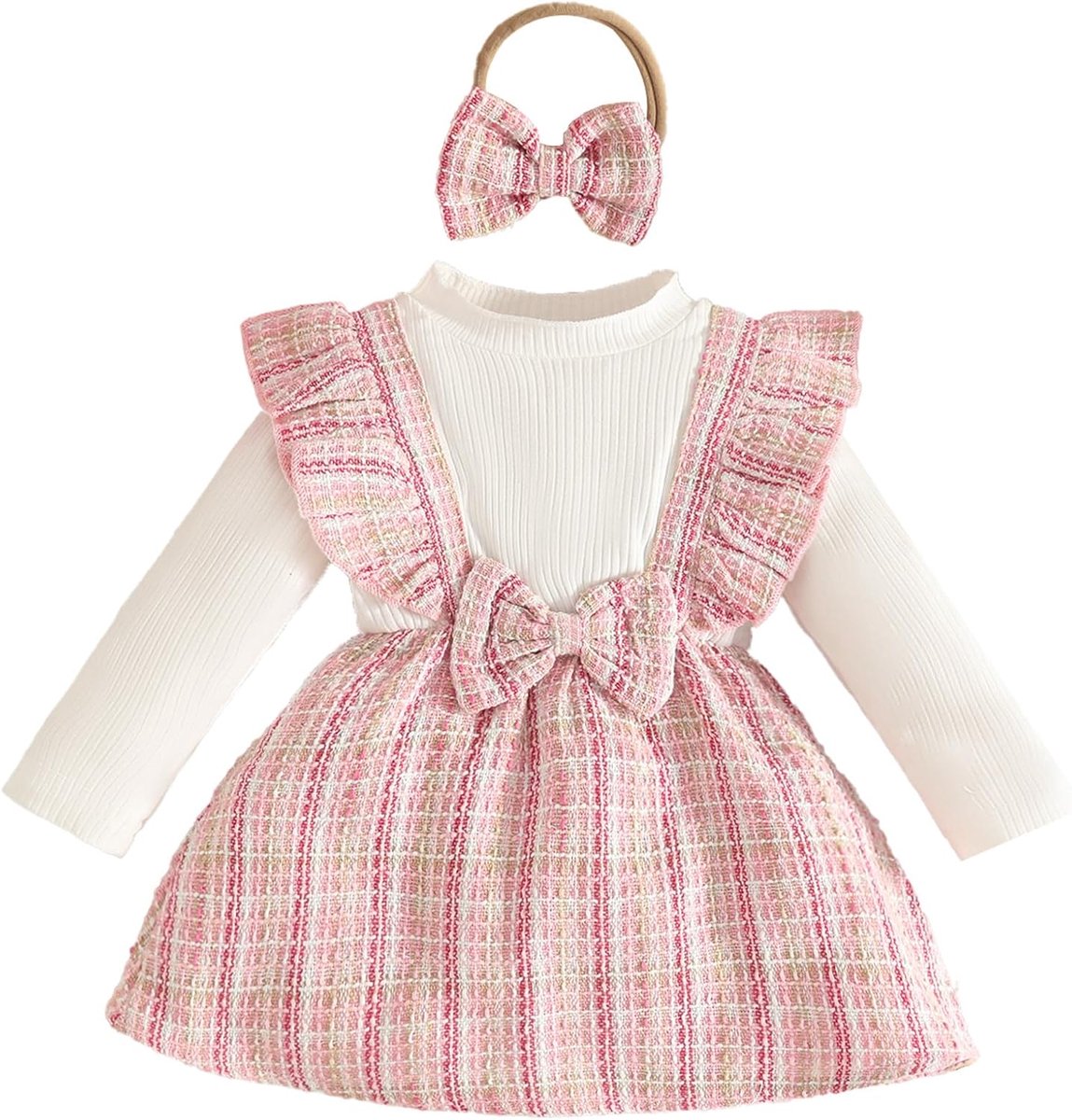 Kledingset voor babymeisjes, met lange mouwen, romper, jurk, geruit, outfit