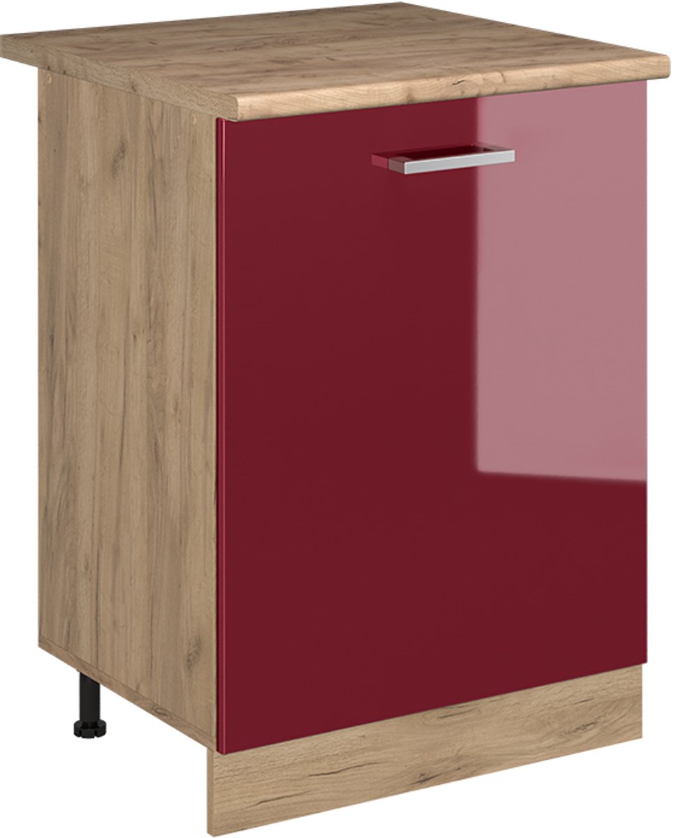 Vicco Keukenonderkast R-Line, Rode hoogglans/Goudkleurig Eiken, 60 cm met 1 deur goudkleurig eiken werkblad