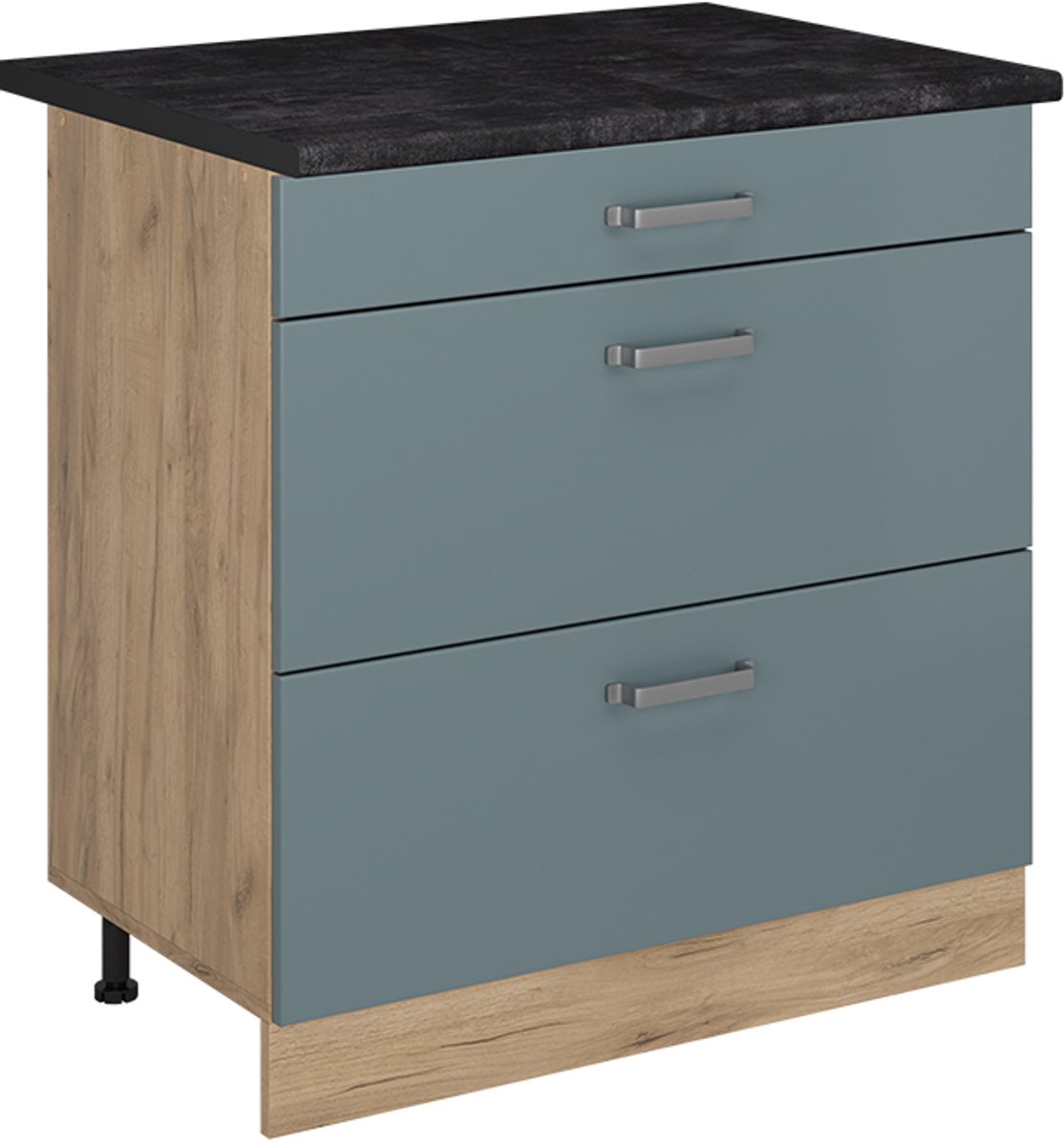Vicco Keukenonderkast R-Line, Blauw-grijs/Goudkleurig Eiken, 80 cm met 3 laden antraciet werkblad