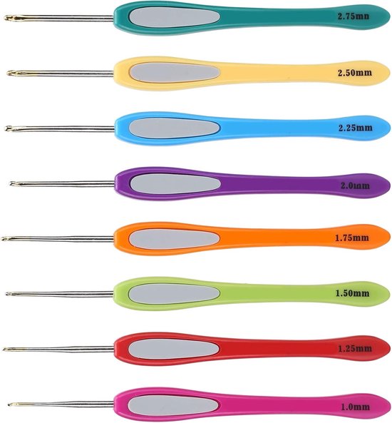 Set van 8 Haaknaalden met Kleurrijke Handvatten voor Breien en Haken - Diverse Maten van 1.0mm tot 2.75mm voor Creatieve Projecten — afbeelding 3