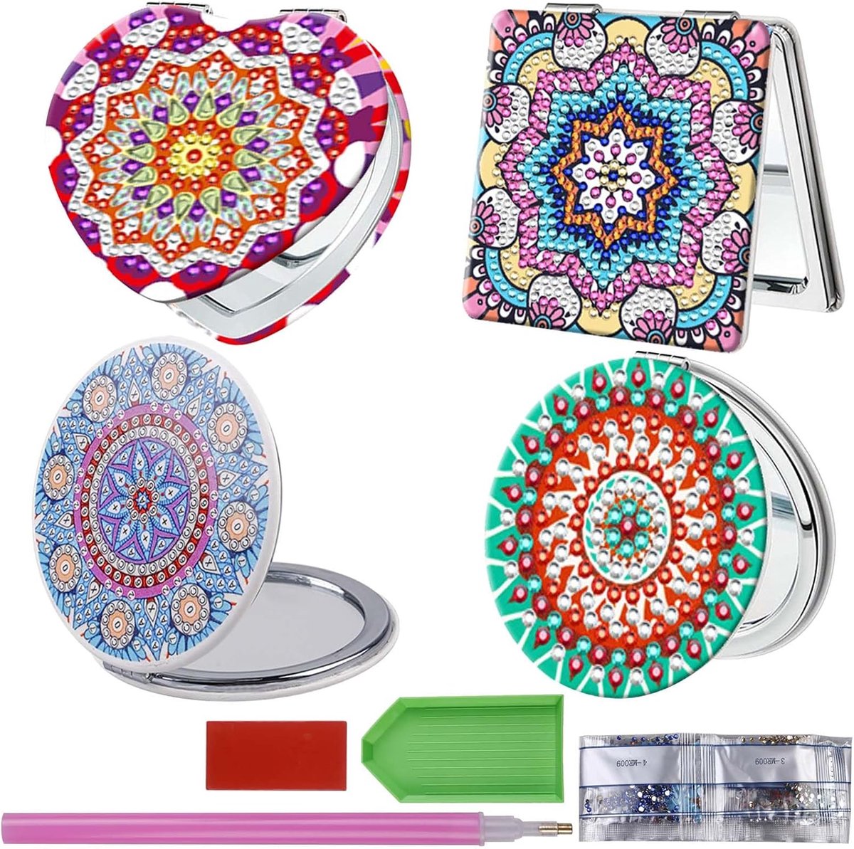 SnelShoppen - DIY Diamond Painting Compact Mirror Set - 4 Stuks Vouwbare Make-up Spiegels voor Dames en Meisjes - Persoonlijke Reis Spiegels - Perfect