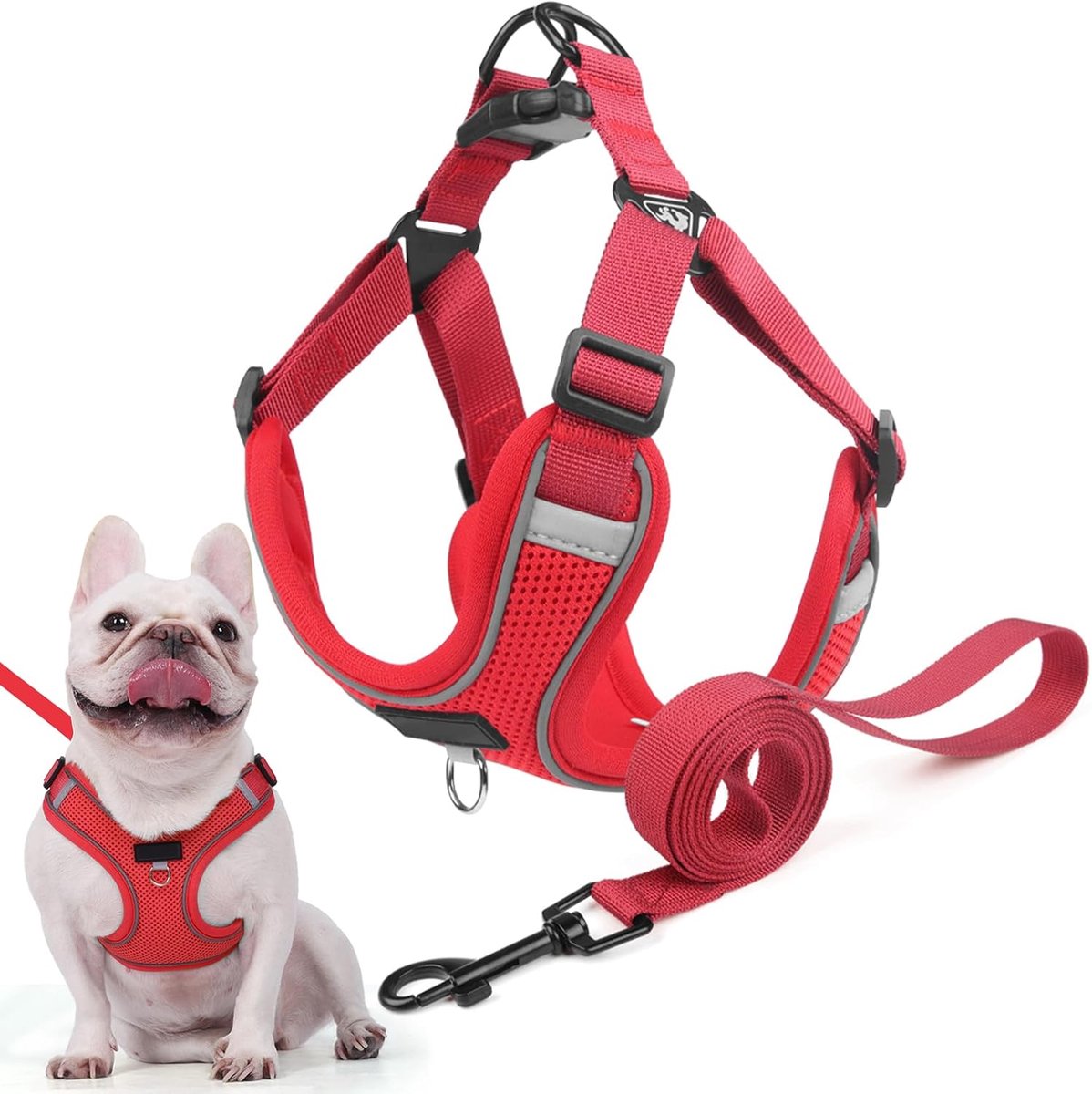 Hondentuigje voor kleine, middelgrote honden, anti-trekhaak, puppyharnas met riem, verstelbaar, Air mesh, ademend, borstharnas voor honden, uitlaten, training en reizen (rood, S)