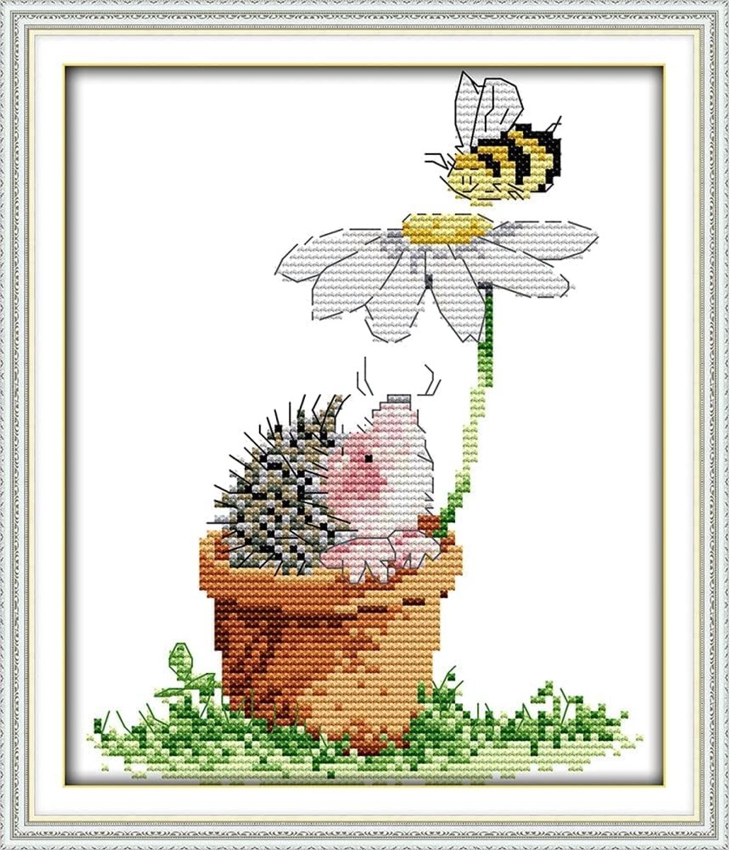 Kits voor volwassenen beginners, egel en bij doe-het-zelf voorbedrukte kruissteek borduurset met accessoires muur decor 24 x 28 cm (madeliefje)