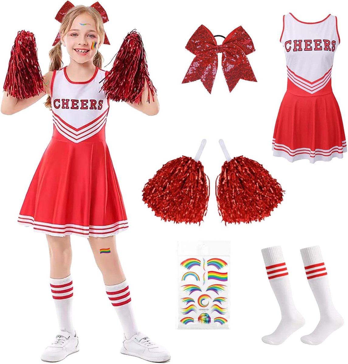 Cheerleaderkostuum voor kinderen, cheerleading-kostuum voor meisjes met jurk, pompons, sokken, strik, haarspeld en stickers, carnavalskostuums voor kinderen, cheerleader voor carnaval
