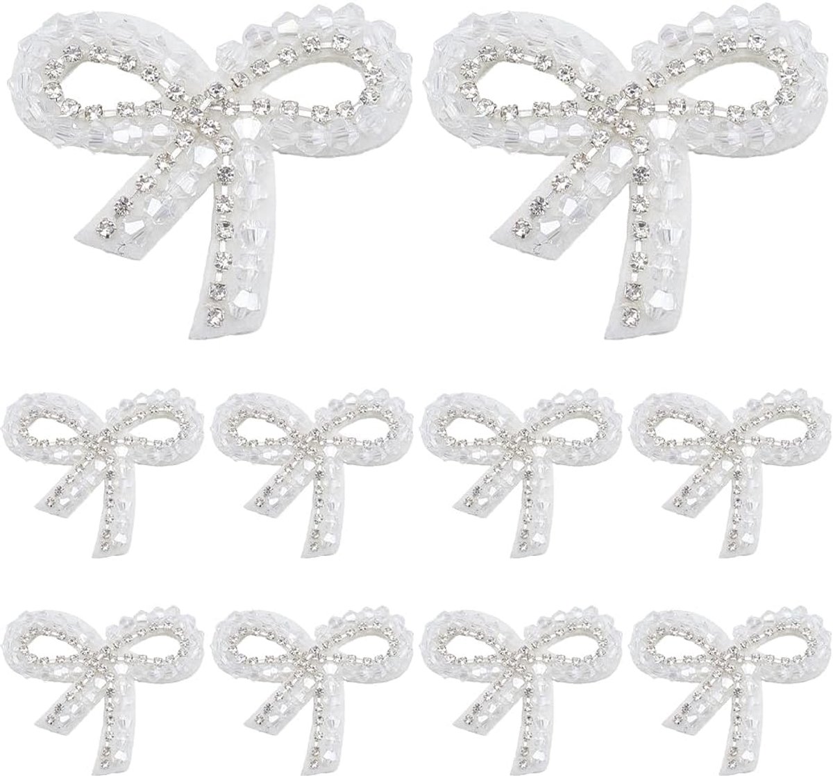 10Pcs Kralen Boog Patches Glas Strass Boog Geborduurde Patch Glitter Wit Kristal Strik Naaien Reparatie Badge Applicaties Bulk Voor Naaien Maken Kleding Ambachten Shirts Jeans Supply