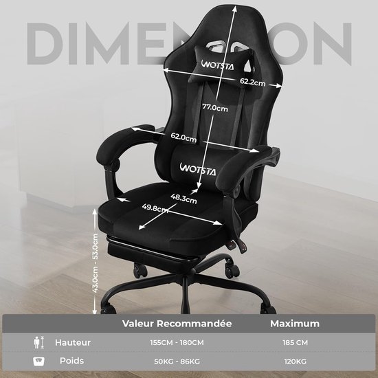 SnelShoppen - WOTSTA Gamingstoel met Voetensteun, Stof met Sponskussen, Ergonomische Bureaustoel voor Volwassenen en Kinderen, Draagvermogen 120 kg, C van snelshoppen — afbeelding 2