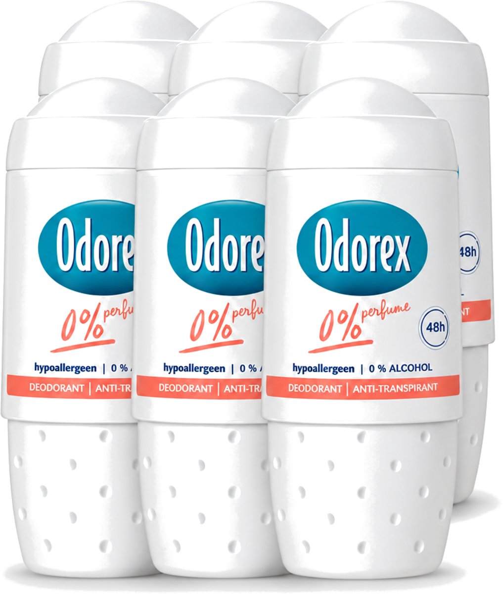 6 x Odorex - Deodorant Roller - 0% Perfume - Zonder Parfum - 50 ml - Voordeelverpakking - 6 stuks