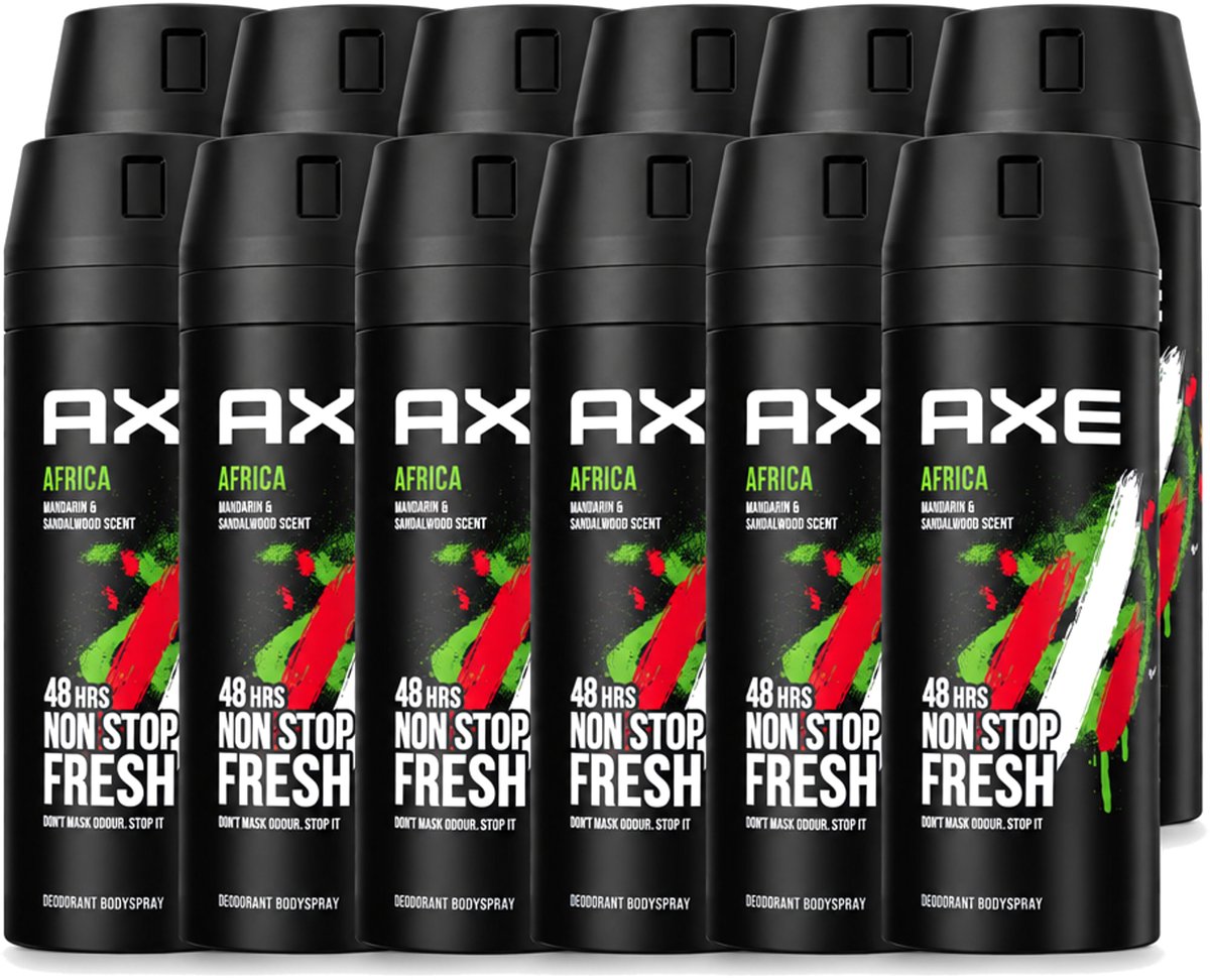 12 x Axe - Deodorant Bodyspray - 48hrs Non Stop Fresh - Africa - Mandarin & Sandalwood - 150 ml - Voordeelverpakking - 12 stuks