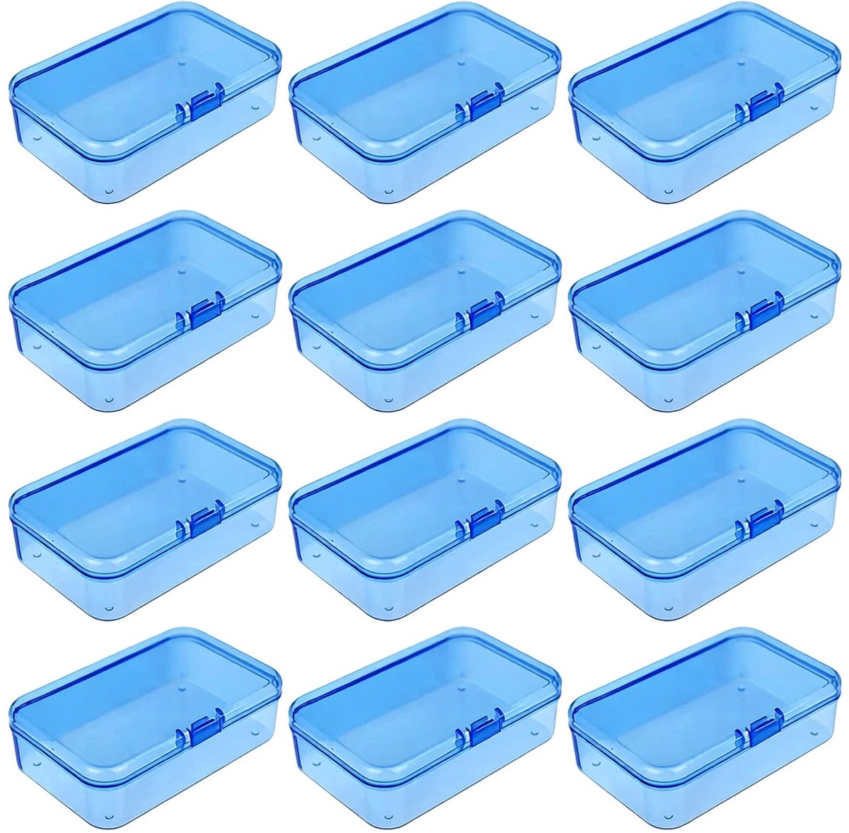 SnelShoppen - 12 Mini-Rechthoekige Plastic Dozen met Scharnierende Deksels - Lege Opbergbakjes voor Kleine Voorwerpen - 85 x 55 x 25 mm - Blauw - Idea