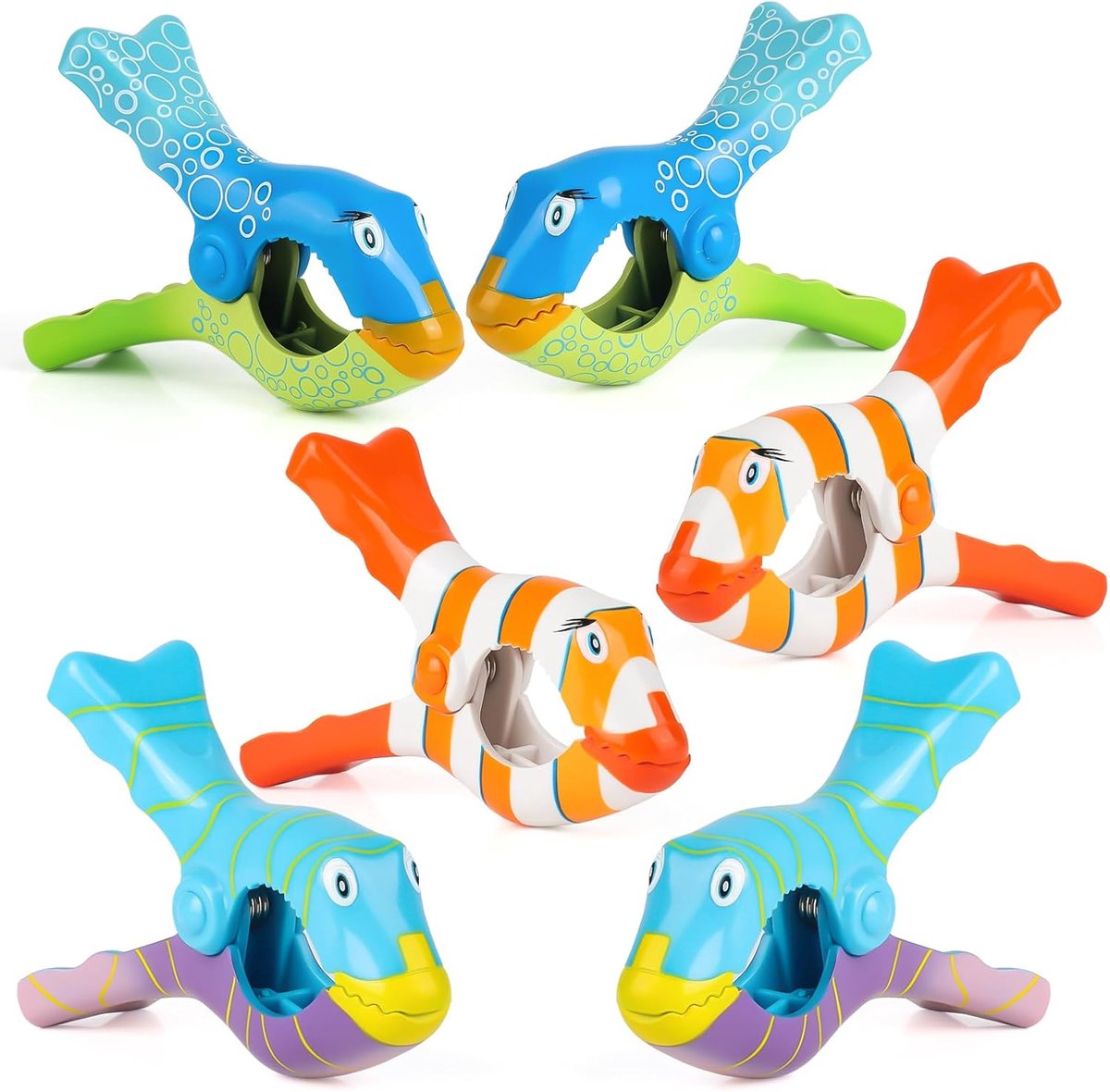 SnelShoppen - 6 Pcs Cartoon Fish Towel Clips voor Strandstoelen - Plastic Tafelklemborden voor Badhanddoeken en Kleding - Kleurrijke, Grote Clips voor