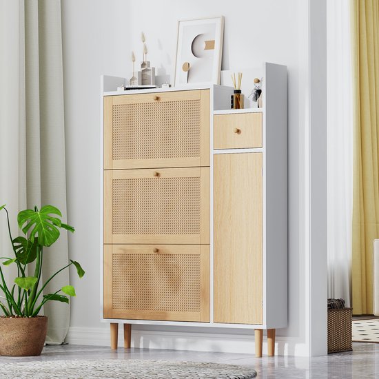 WUVRIE - Schoenenkast 90 x 125 x 17 cm - 3 klepdeuren, lade en verstelbare legplanken - Naturel/wit — afbeelding 3