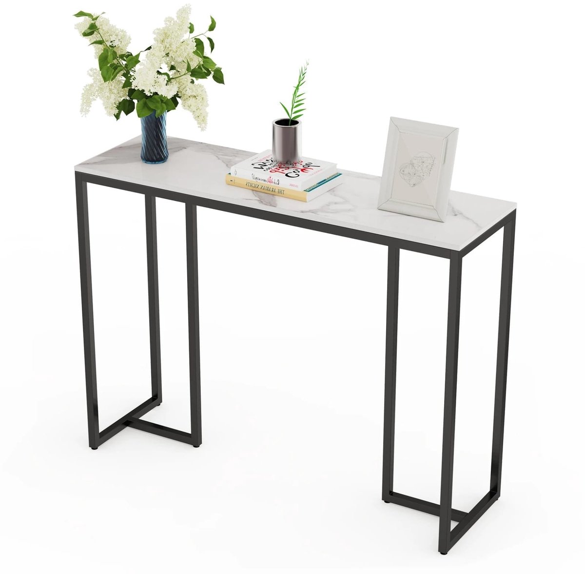 Klarven Bijzettafel Wit zwart - Bijzettafel Bank - Bijzettafel - Bijzettafel Wit - Bijzettafel Rond - Bijzettafel - Marmerlook blad, metalen frame - Stijlvol en stevig - B100,1xd30xh78,5cm