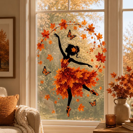 Raamsticker van een ballerina in een herfstbladeren jurk, omringd door esdoornbladeren en vlinders op een venster.