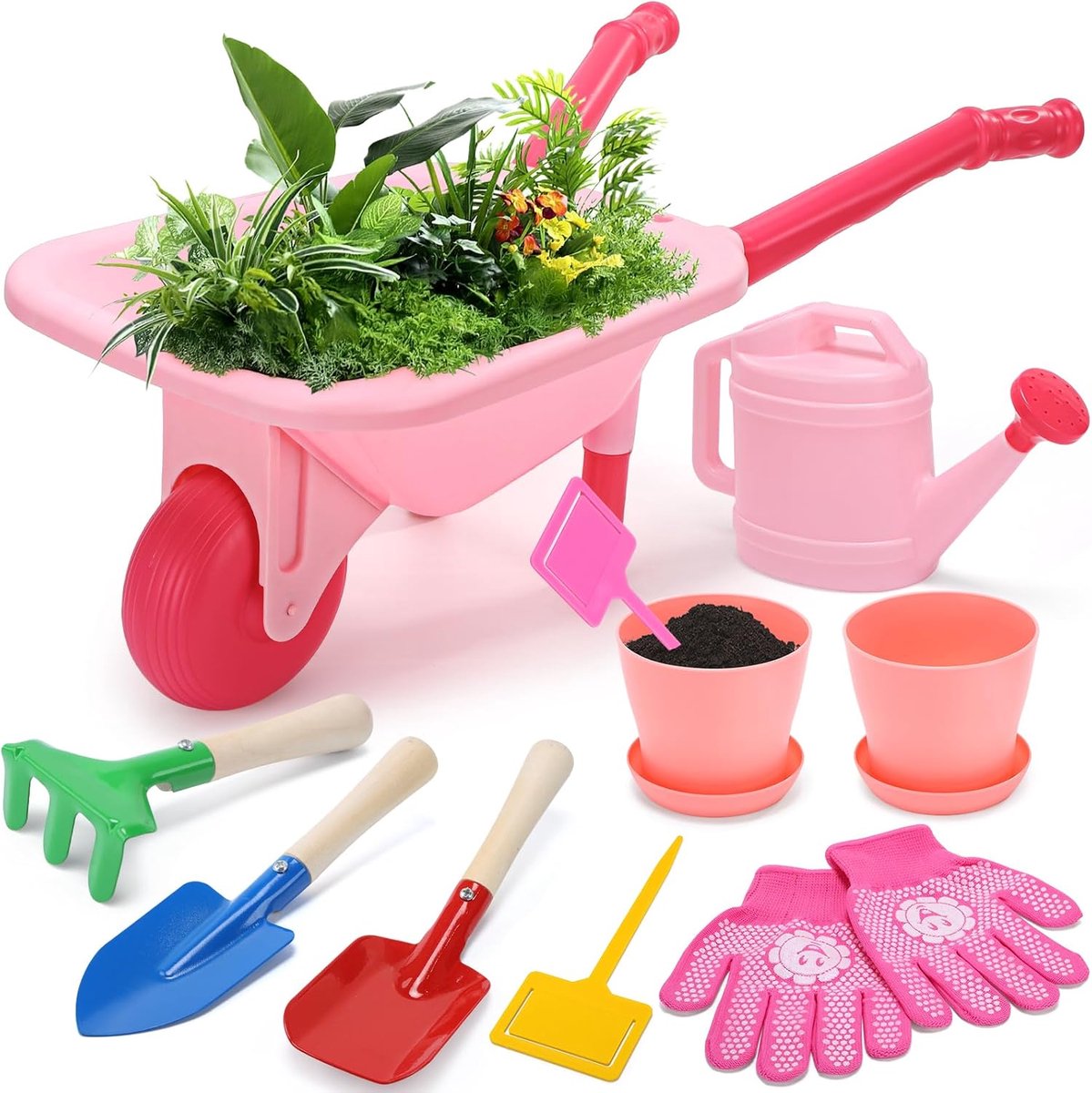 Tuingereedschapsset voor kinderen, roze kruiwagen, tuinspeelgoed, met gieter, handschoenen, hark, schep, troffel, speelset voor peuters jaar (roze)