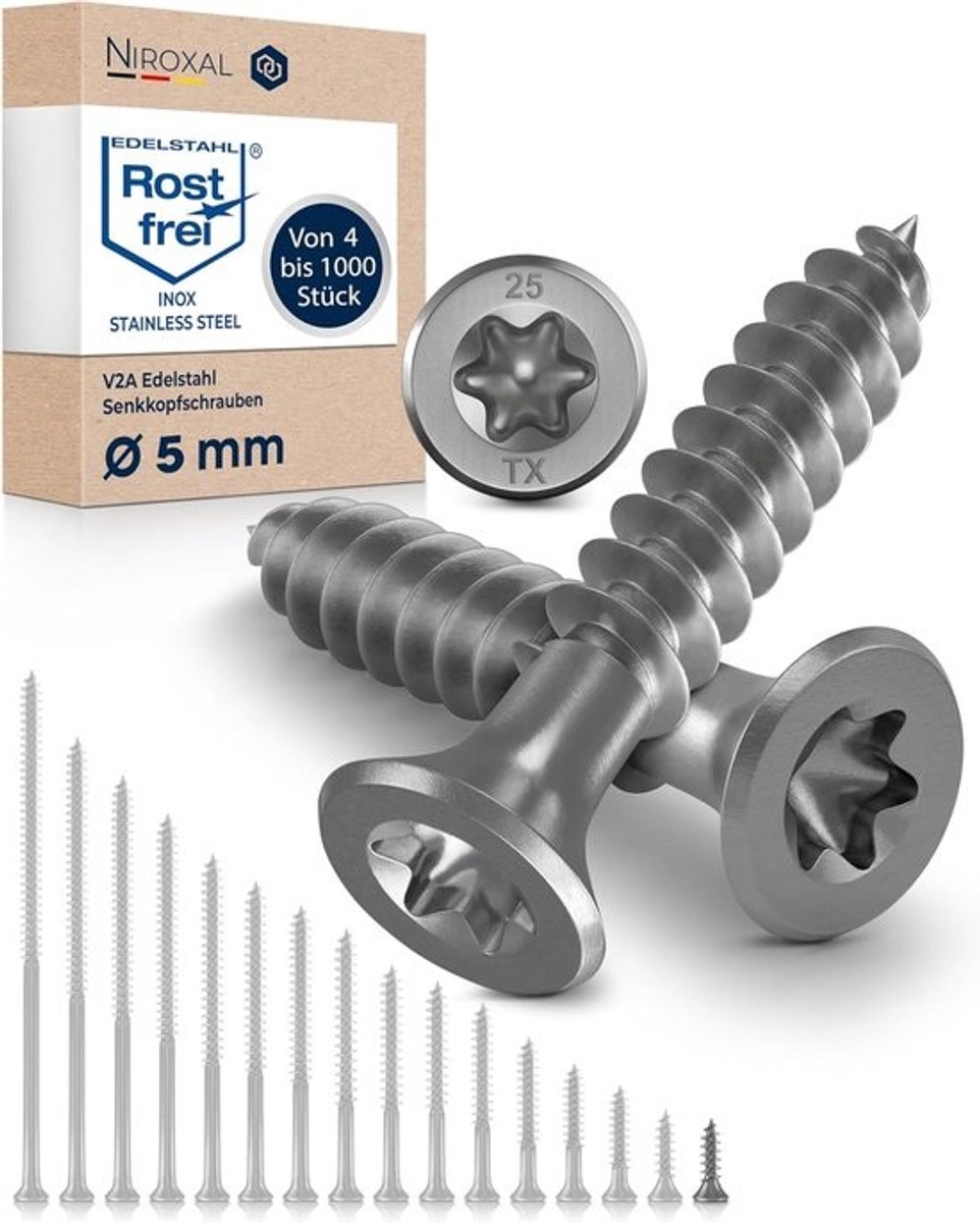 Roestvrijstalen schroeven - Torx-houtschroeven - Voor duurzame verbindingen - V2A inox - 5 x 16 mm - 200 stuks - Zilverkleurig