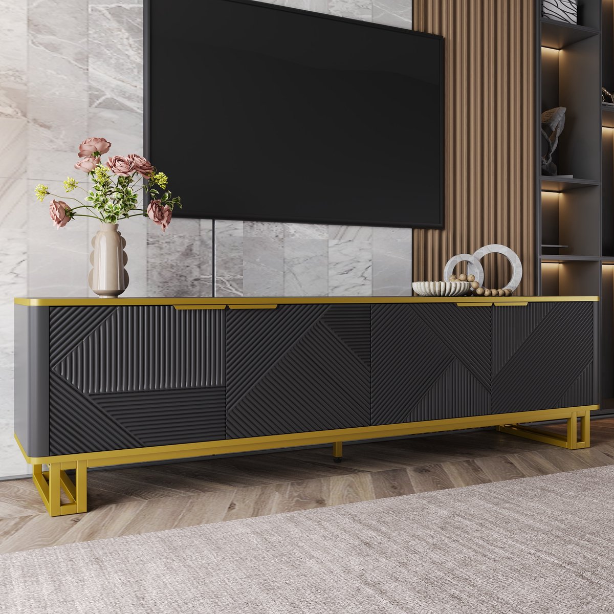 WUVRIE Tv-meubel 160 x 37,5 x 48 cm - Vier deuren en open opbergruimte - Zwart/goud
