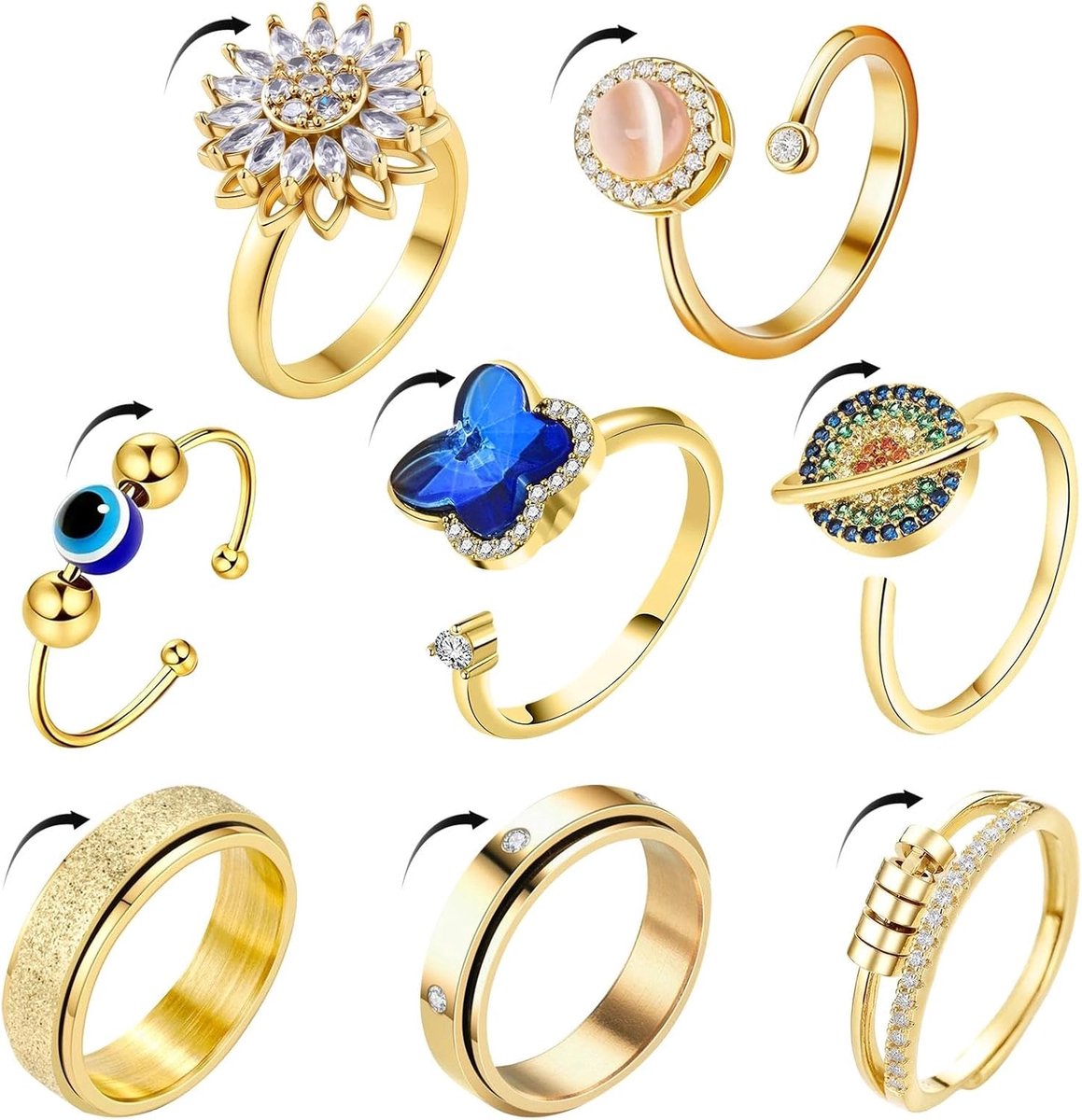 Ringen, anti-stressring, dames, ringen, set, fidget ring, angstring, draaibaar, spinnerring, angstring, verstelbaar, geschenken voor vrouwen en mannen (goud)