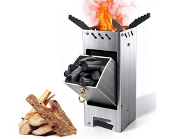Rocket Stove insteeksysteem van massief 3 mm dik staal, campingkooktoestel, campinggrill, raket, houtkachel, outdoor, voor kamperen, koken en BBQ (zilver)