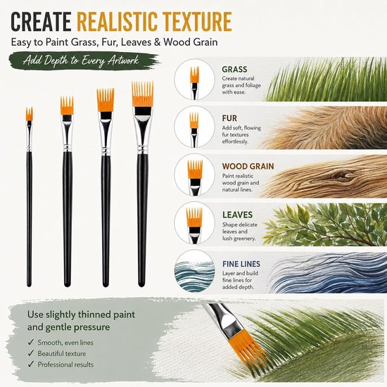 Set van 4 kampenselen voor kunstenaars, acrylverf, aquarel met berkenhouten handvat, acrylpenselen, penselen voor acrylverf, gestructureerde kunstpenselensets voor wenskaarten en knutselwerk — afbeelding 4