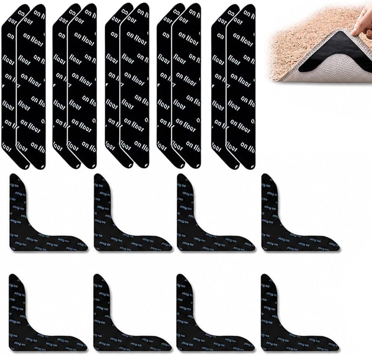 18 stuks antislipstickers voor tapijten, dubbelzijdige stickers, 10 x 10 cm + 2 x 10 cm, van zwart PU, fixeert en voorkomt kreukels voor thuis, huur en kantoor