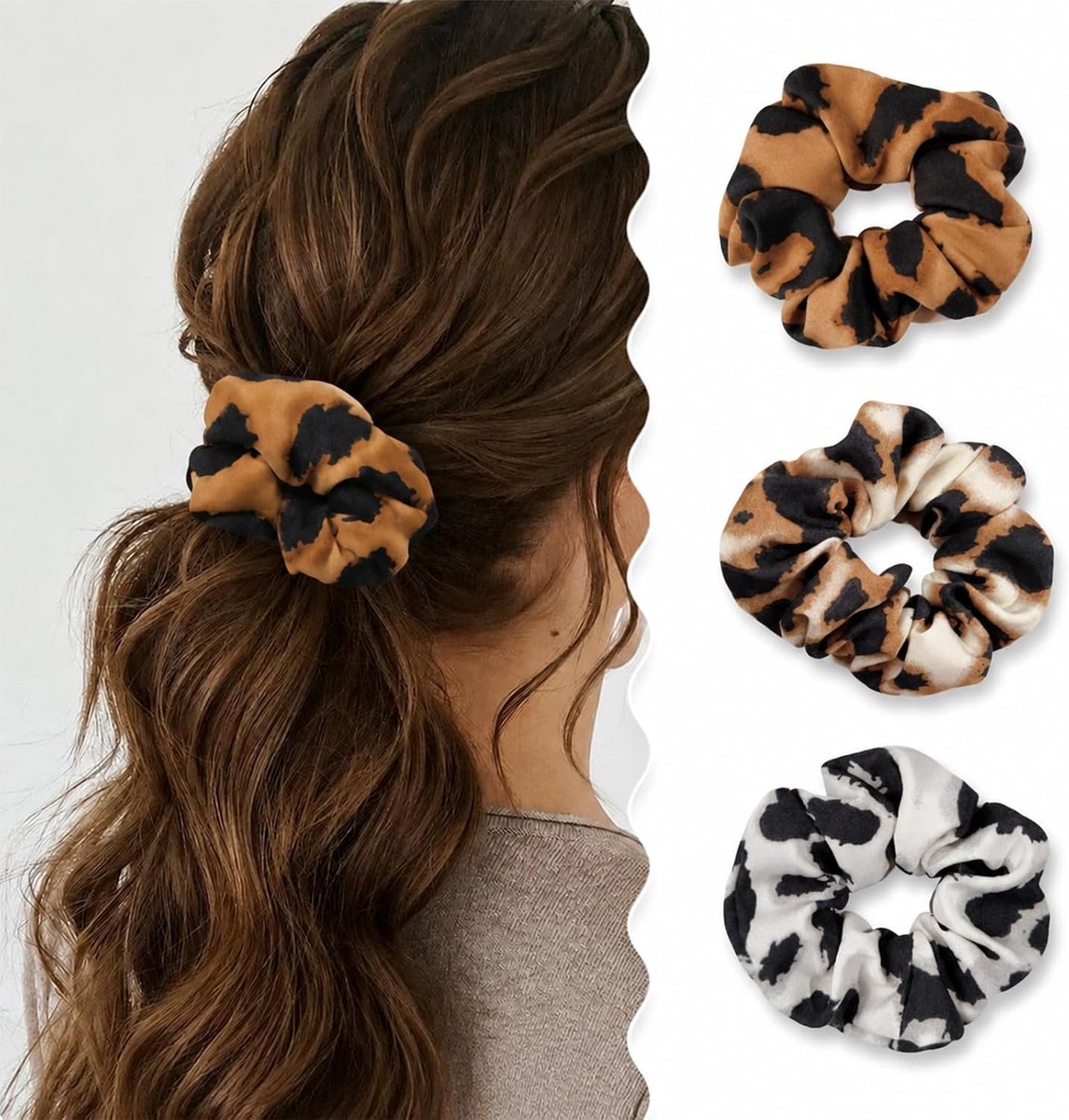 3 Stuks Elegante Vintage Scrunchies met Luipaardpatroon, Zijden Stoffen Haarbanden voor Paardenstaart, Elastiekjes voor Dagelijks Gebruik Dames Haaraccessoires Leo Print