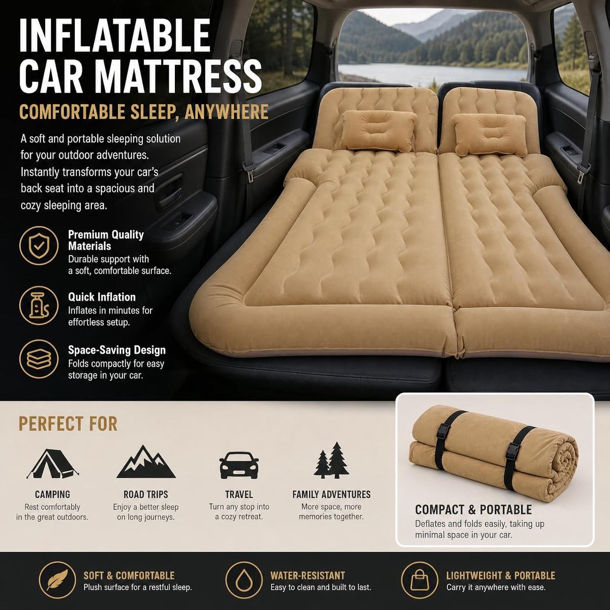 Automatras, 174 x 126 cm, draagbaar luchtmatras 300 kg belastbaar, voertuigligvlak met elektrische pomp, campingslaapmat incl. kussen, compact reisbed voor SUV, auto, camping