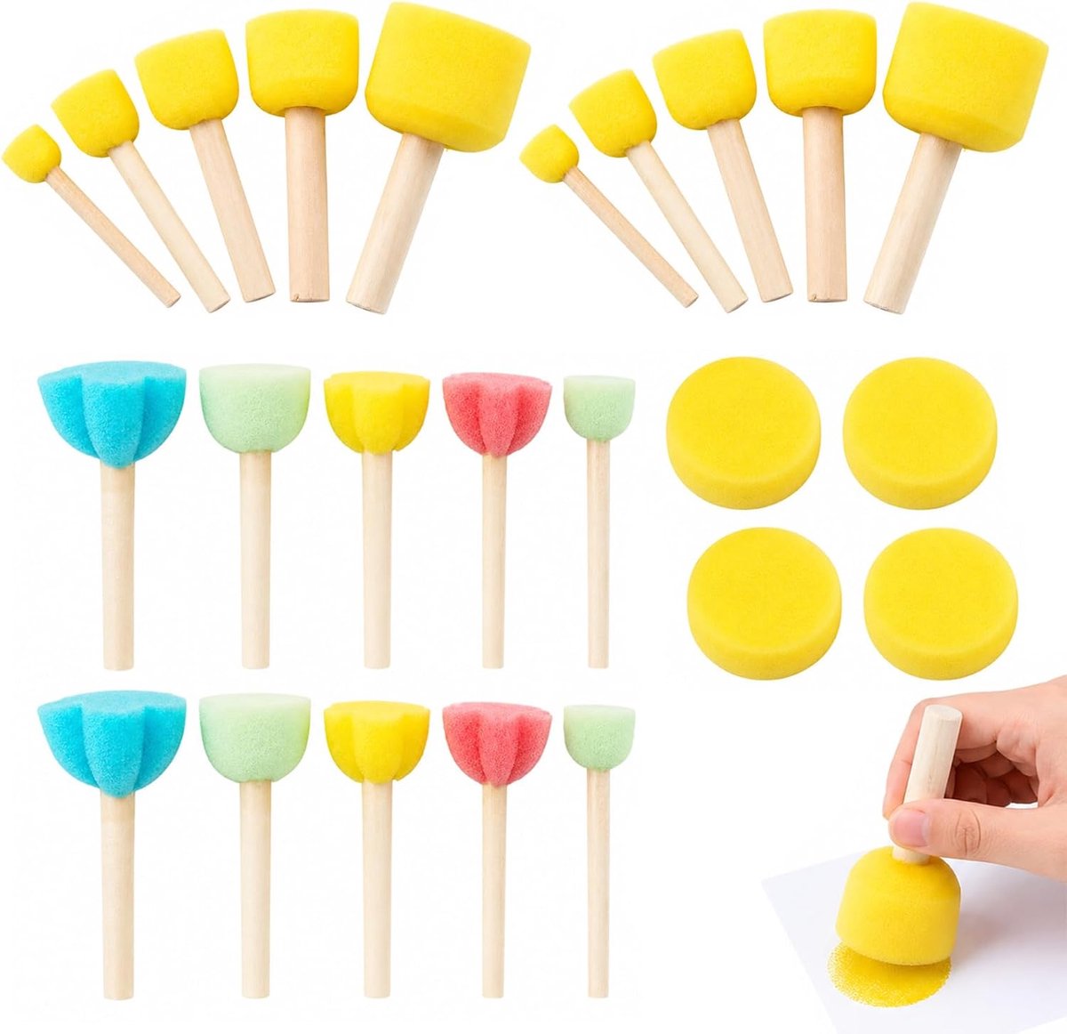 schilderpenselset 24 delig, paddestoelvormige natuurpensels, gekleurde losse pensels en ronde schildersponzen met - ShopVlot