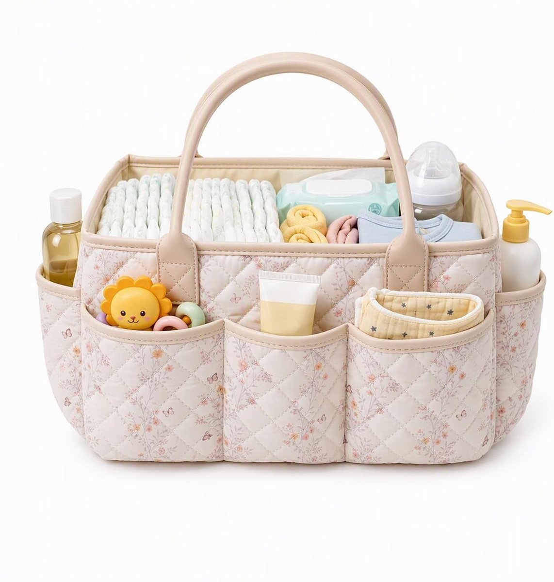 Organiser voor Luiertassen met Bloemenpatroon en Verwijderbare Compartimenten, Ideaal voor Babybenodigdheden en Luiers, Praktische Luiertas en Opbergmand voor Babyaccessoires