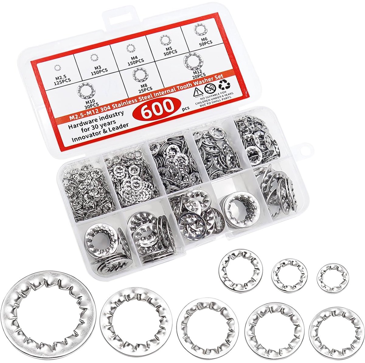 OMJMYY 600 stuks tandschijf, borgschijven, binnentand-klemschijven, M2,5, M3, M4, M5, M6, M8, M10, M12 roestvrij - ShopVlot