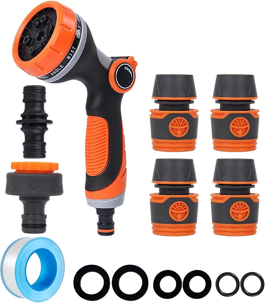 SnelShoppen - Hogedruk Tuinslang Sproeikop Waterpistool met 4 Snelkoppelingen, Blauwe Waterslang, 2 Zwarte Ringen & 2-Weg Connector voor Gazon Bewater
