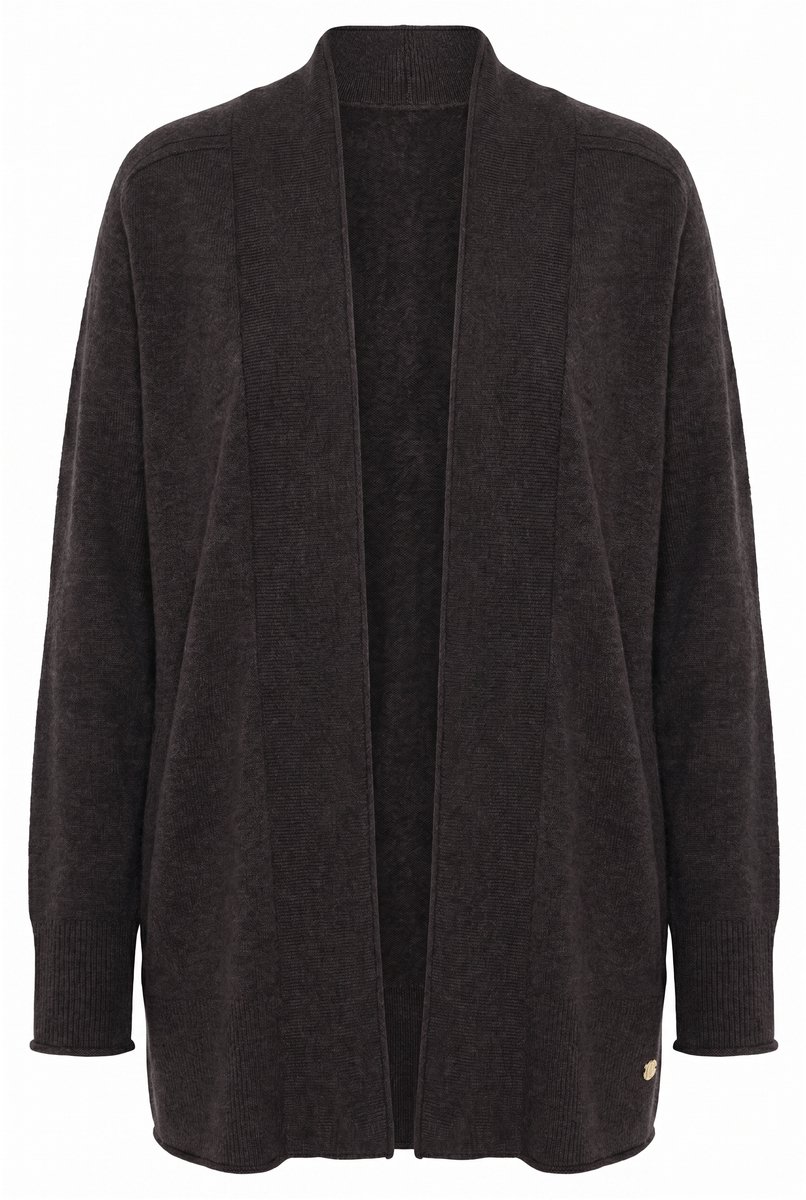 Ulla Popken - Dames - Vest wolmix rolrandjes lange mouwen - Mahonie - Maat 50+