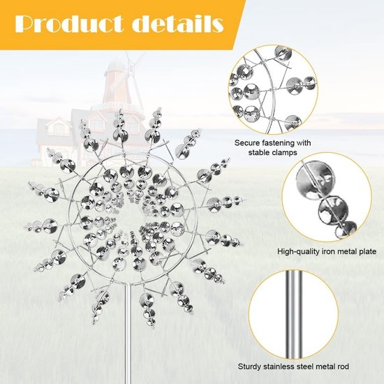 Unieke metalen windmolen met 360° dual rotors, kinetische windspinner en 3D sculptuur voor tuin, patio en gazon (Zilver) — afbeelding 3