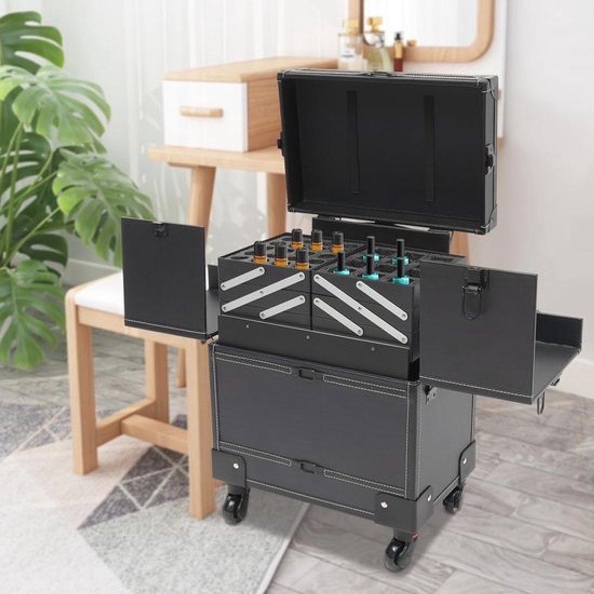 Professionele make-upkoffer met spiegel en wielen - grote cosmetica-organizer voor visagisten en schoonheidsspecialisten
