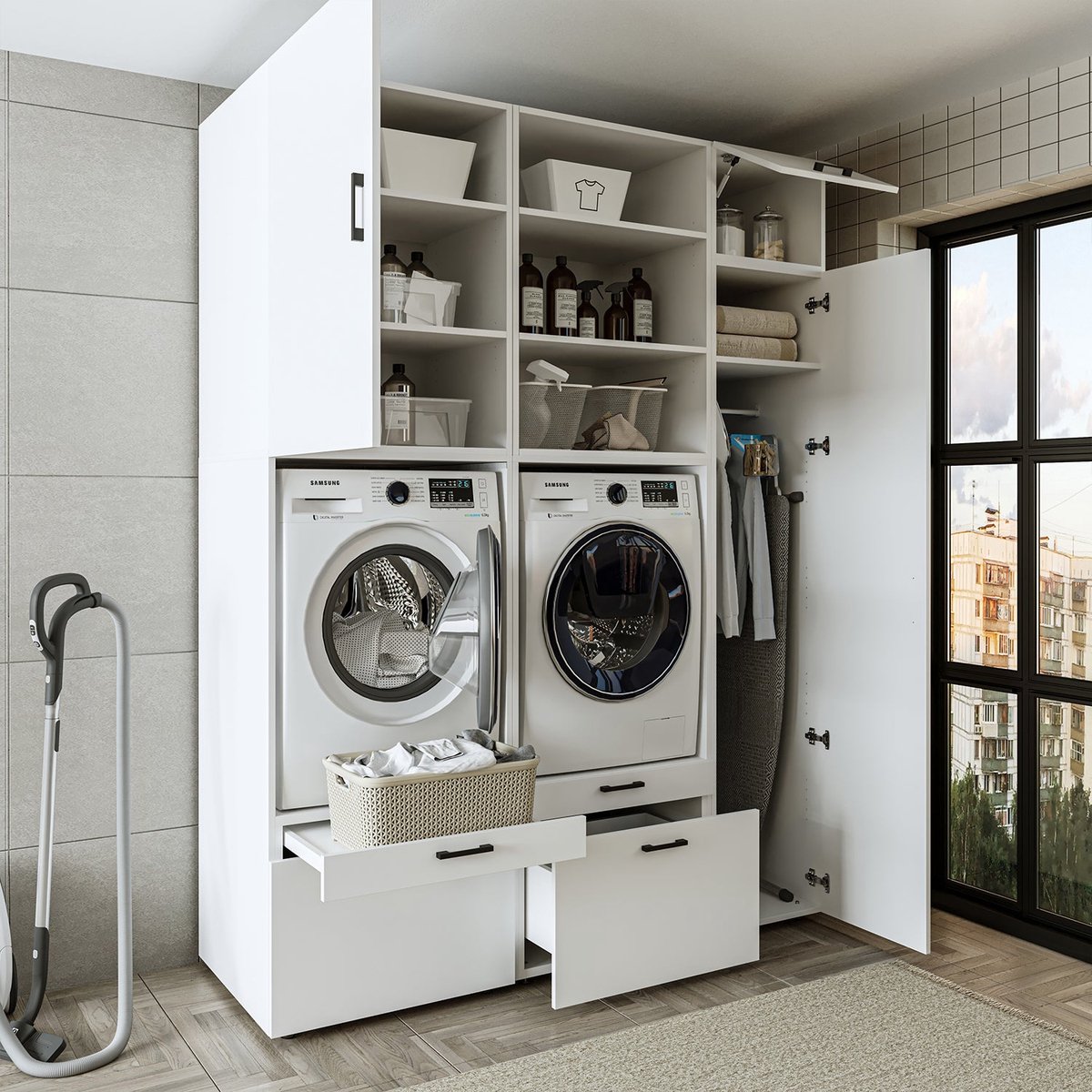 Roomart SERIE 2 Wasmachine Ombouwkast 179x240 cm - Dubbele Kast met Hoge Kast - Wit
