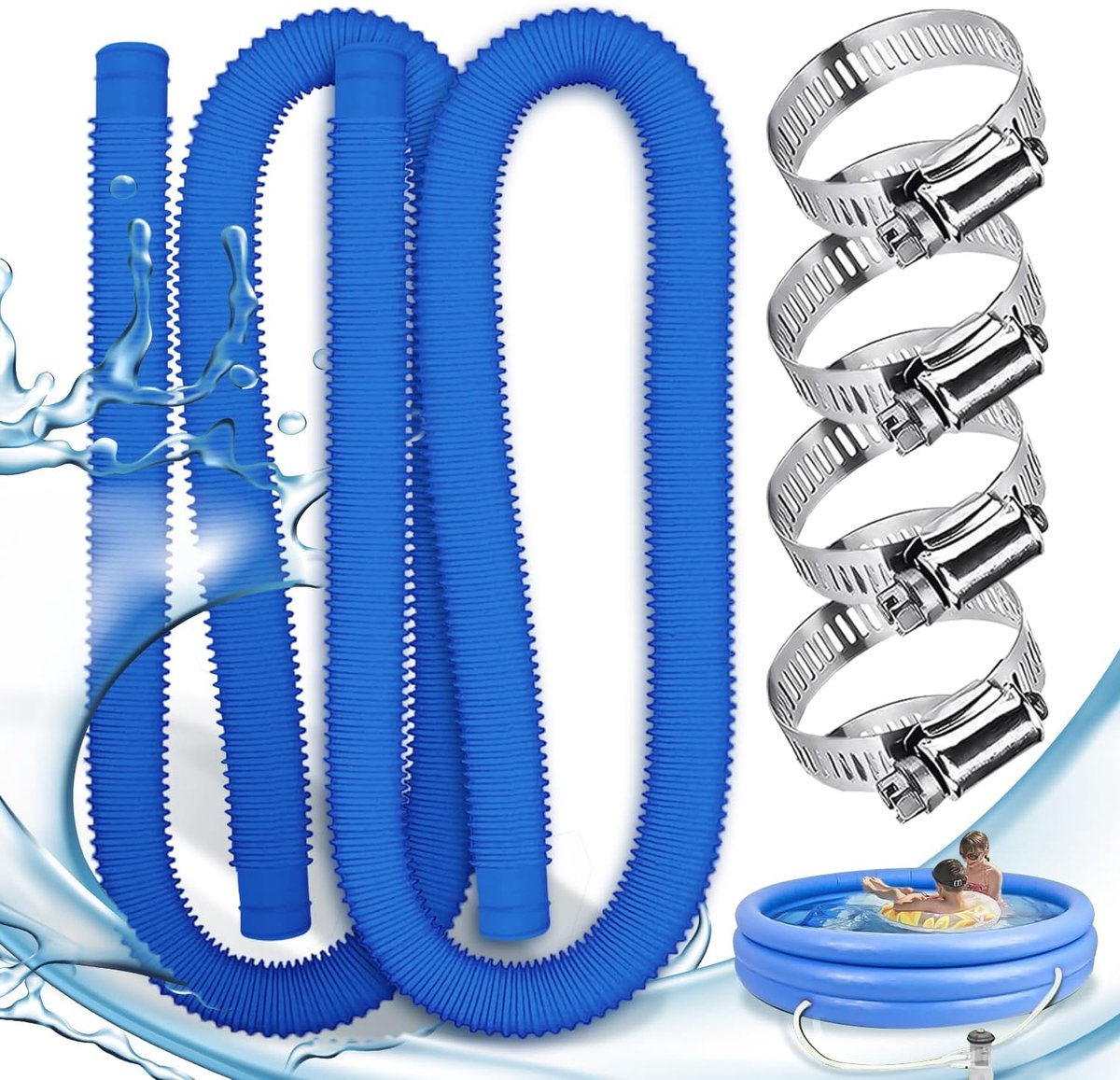 Zwembadslangen met 4 metalen clips, 150 x 3 cm, geschikt voor zwembaden, spa, zwembadslangen is het perfecte accessoire voor zwembad (blauw)