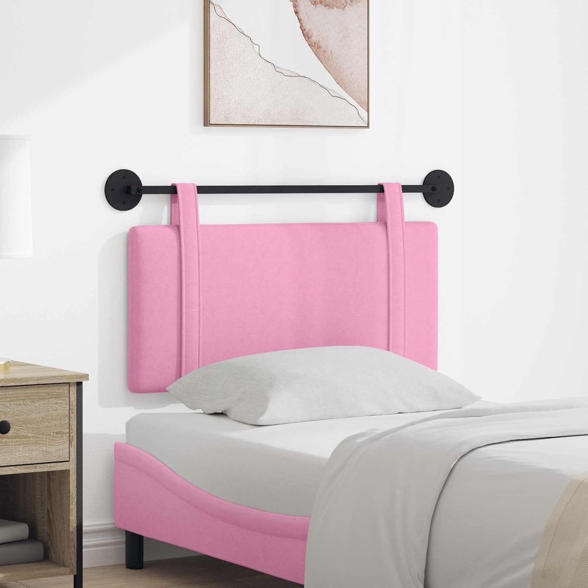 Hoofdeinde van roze stof, wandmontage, voegt elegantie en warmte toe aan elke slaapkamer. Zachte textuur en neutrale kleur passen bij verschillende bedframes, systeem