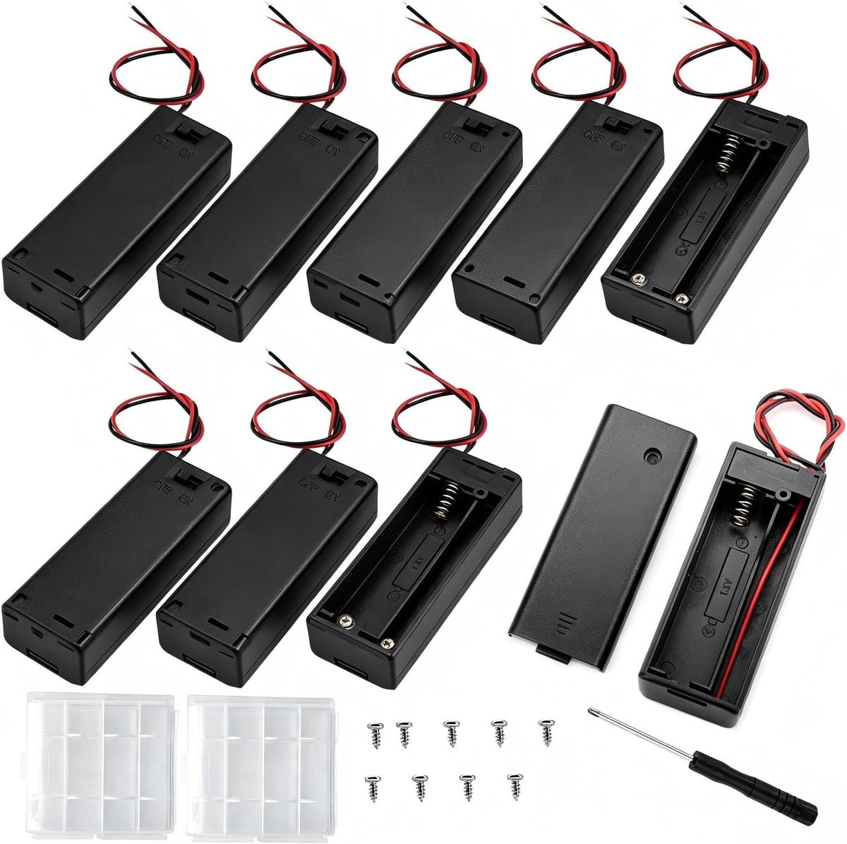 9 stuks AA batterijhouder, 1 x 1,5V AA kunststof batterijhouder, met aan/uit schakelaar & draadleidingen & deksel + 2 stuks kunststof batterijopbergdoos en schroeven (zwart)