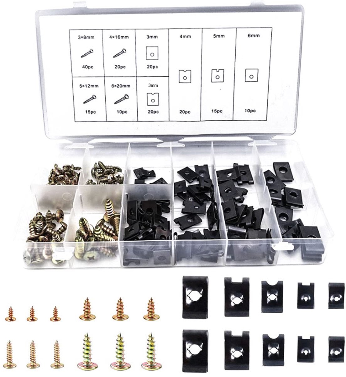 1 set plaatschroeven, autogereedschap, schroeven, plaatmoeren, assortiment, plaatmoeren met autobevestigingsclips, U-type metaal voor autobevestiging en reparatie