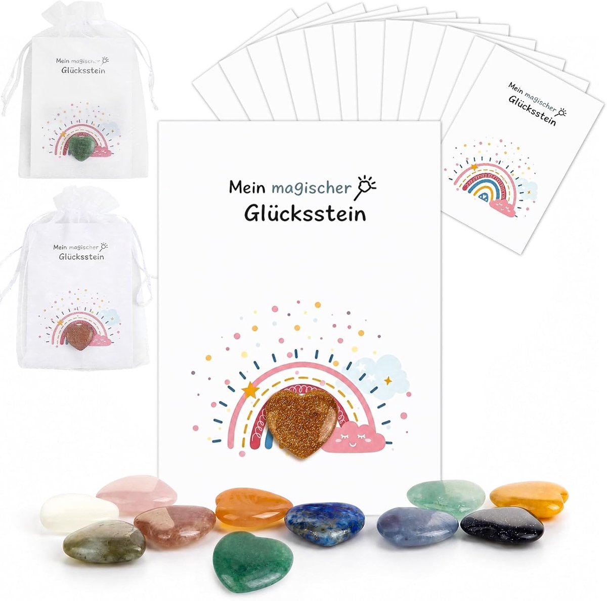 12 stuks geluksstenenset met geluksstenen voor kinderen, zakjes, magische stenen kaarten, cadeautjes voor kinderverjaardag, kleine herinneringsstenen voor doop, communie, bruiloft, eerste