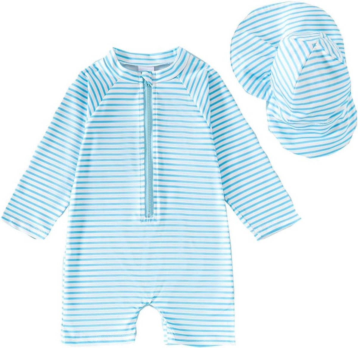 Badpak voor baby's, jongens, lange mouwen, bedrukt, met ritssluiting, badkleding, rashguard, 2-delige dinosaurus/haai, badpakset met zonnehoed